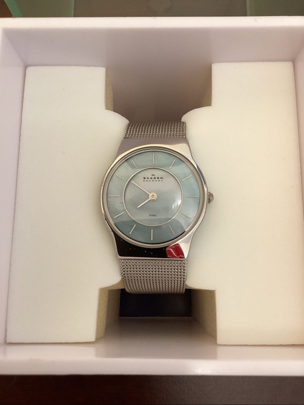 Skagen Silver Mesh Watch with Pale Blue Dial - Picture 2 of 12
